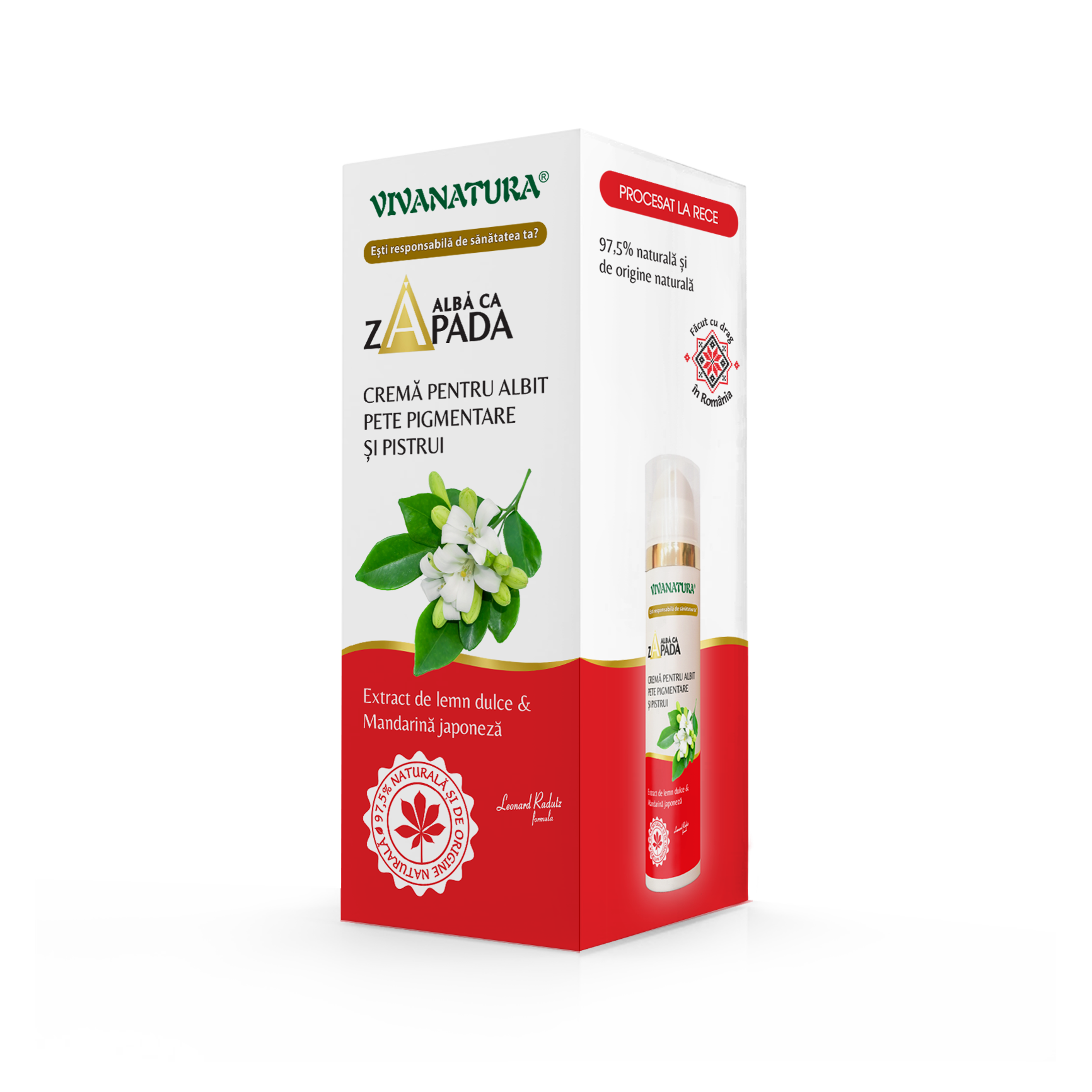 Cutie_Crema-depigmentara_1.png ALBĂ CA ZĂPADA - Cremă pentru albit pete pigmentare și pistrui cu extract de lemn dulce și mandarină japoneză 45 ml - Leonard Radutz Formula – VivaNat