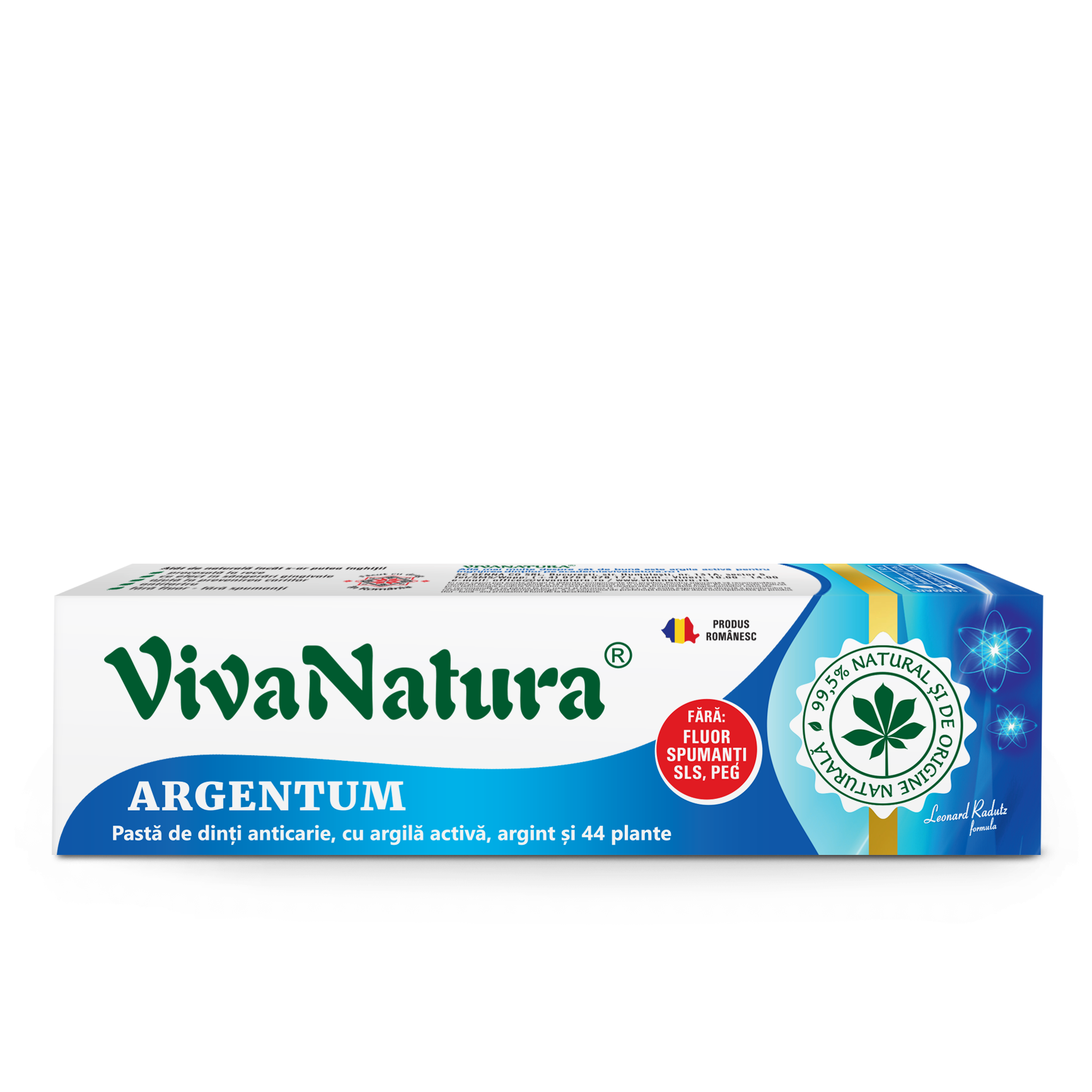Cutie_VN_Argentum_80-ml.png Argentum - pasta de dinti naturală 99,5% cu argila activa, argint si 44 plante, fara fluor, 80 ml - Leonard Radutz formula - VivaNatura