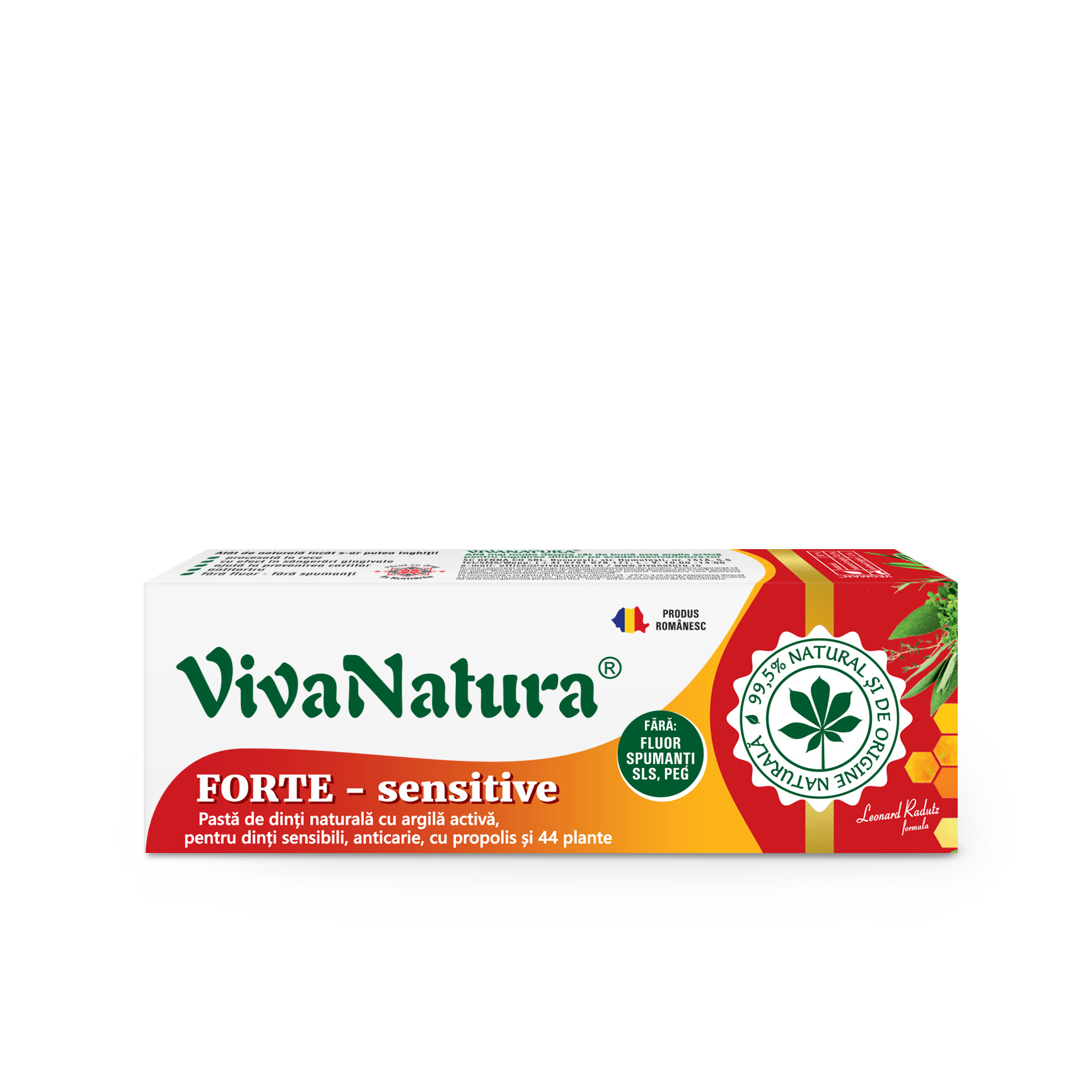 Cutie_VN_Forte_50-ml_300dpi.jpg Forte sensitive - pasta de dinti naturala 99,5% cu argila activa, propolis si 44 plante, fara fluor, 50 ml - Leonard Radutz formula - VivaNatura