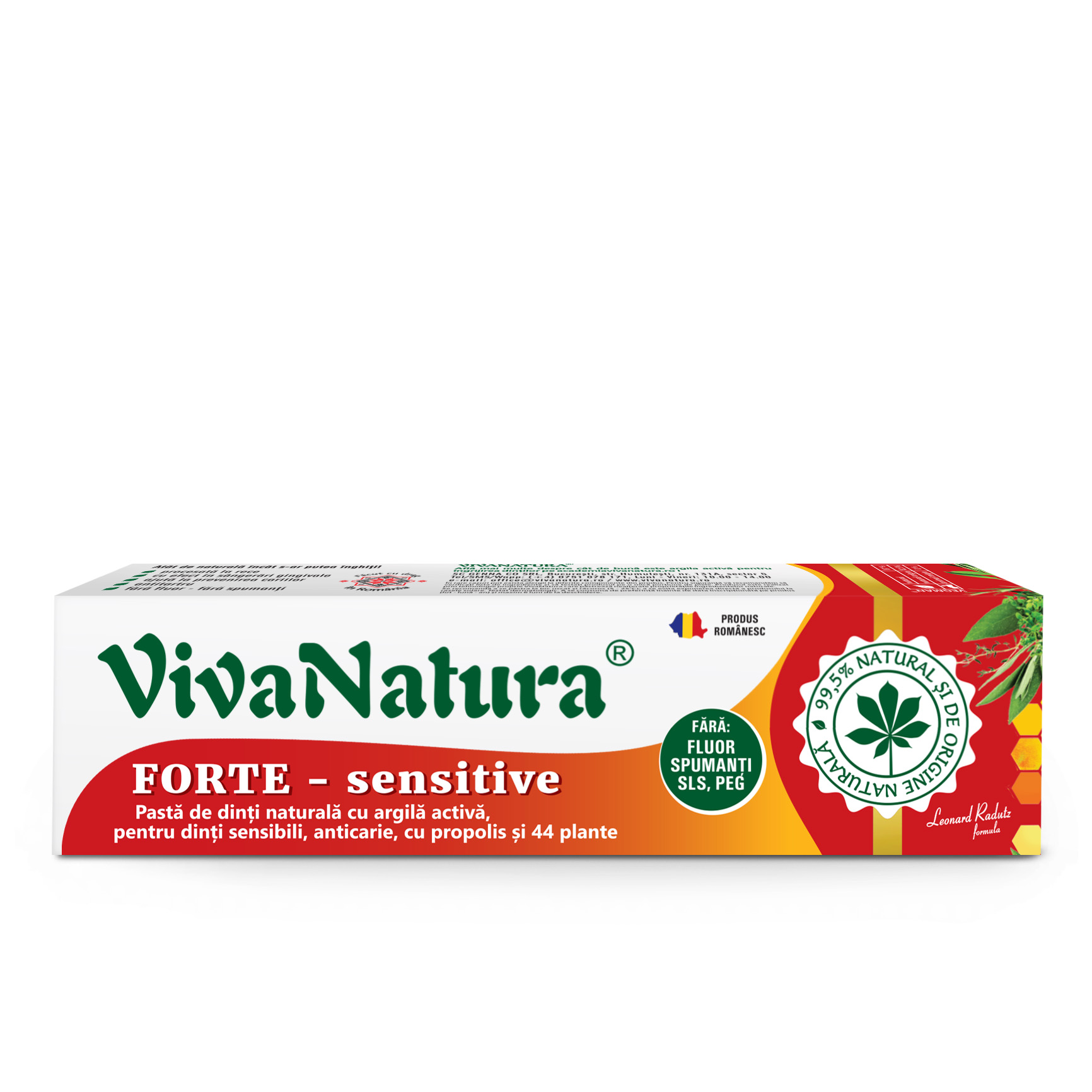 Cutie_VN_Forte_80-ml_300dpi.jpg Forte sensitive - pasta de dinti 99,5% naturala cu argila activa, propolis si 44 plante, fara fluor, 80 ml - Leonard Radutz formula - VivaNatura