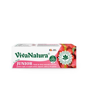Junior Capsuni – pasta de dinti naturală pentru copii cu argila activa, capsuni, calciu si 44 plante, fara fluor, 50 ml – Leonard Radutz formula – Viv